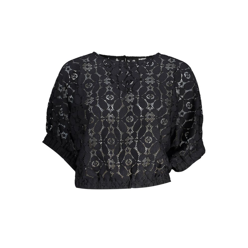 "Black Polyester Women Blouse with Contrasting Elastic Waistband"